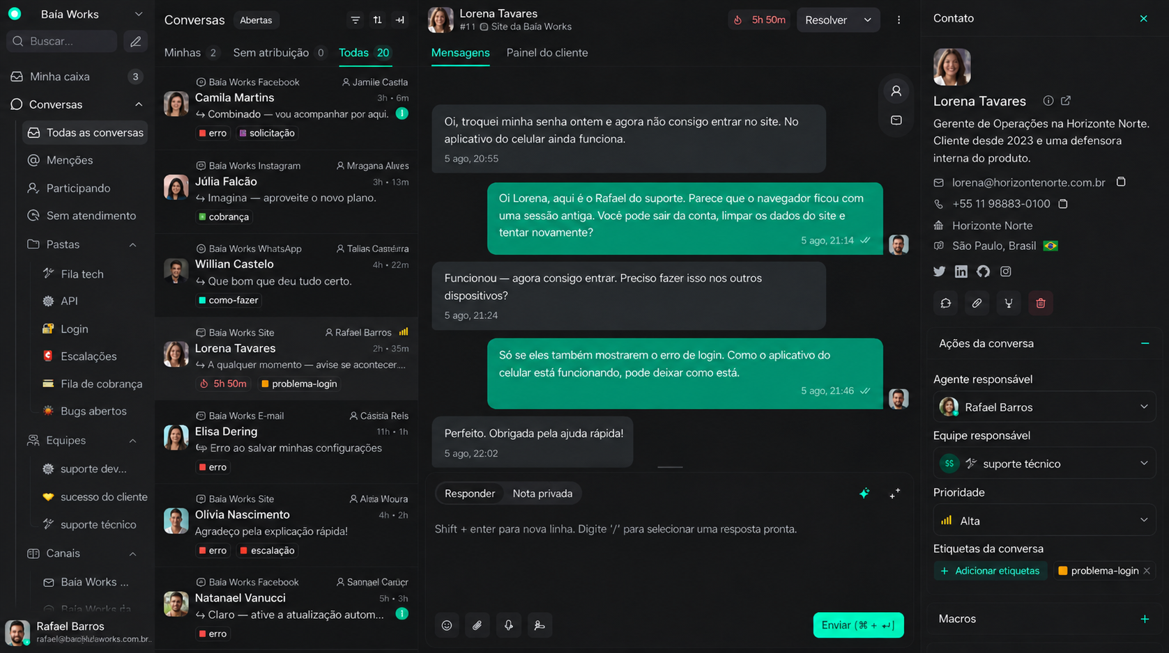 Prévia da plataforma Os Chats com conversas, atendimentos e painel do cliente
